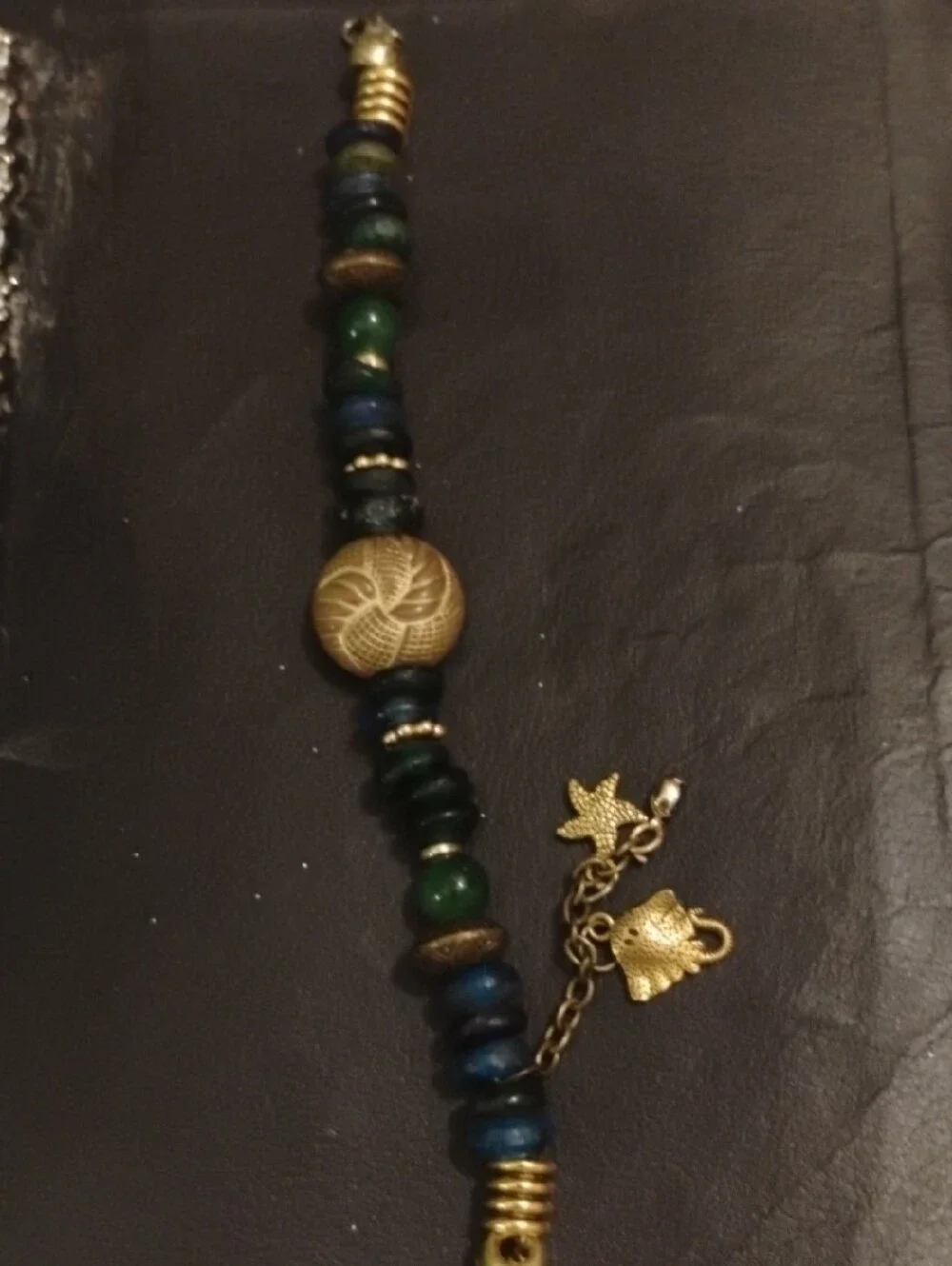 Hand Crafted Gold-Tone and Green-Blue Bead Charm Bracelet